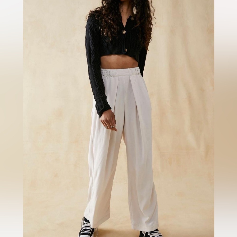 Free People Cream High-Waist Pleated Wide Leg Pants